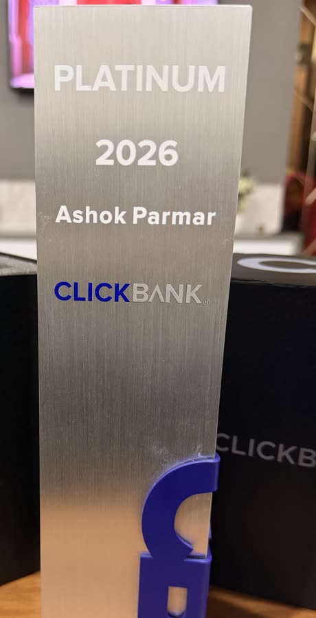 ClickBank Platinum 2026 trophy engraved with the name Ashok Parmar